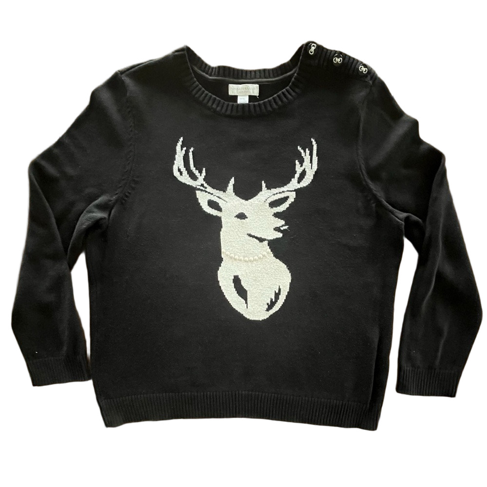 Charter Club Stag Head Design Crewneck Sweater Faux Pearl Detail Black Size PXL